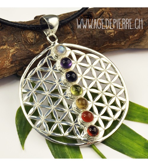 Pendentif fleur de vie 7 chakras en argent