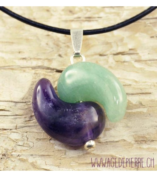 Pendentif Magatama monté en yin yang avec améthyste et aventurine