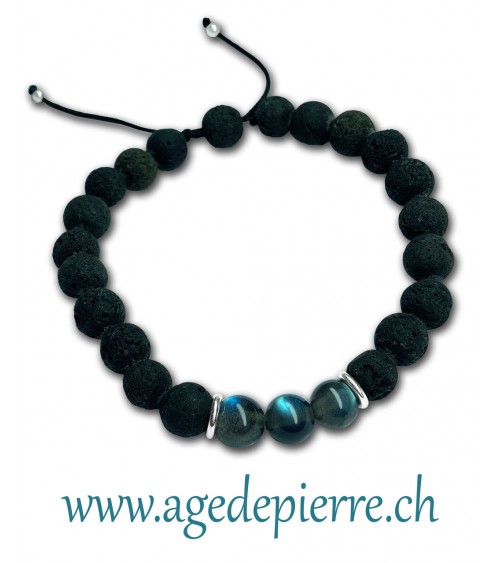 Bracelet shamballa en Labradorite et lave avec perles de 8mm