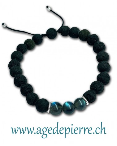Bracelet shamballa en Labradorite et lave avec perles de 8mm