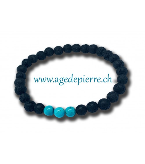 Bracelet avec 3 perles de turquoises et laves de 4mm