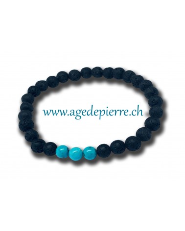 Bracelet avec 3 perles de turquoises et laves de 4mm