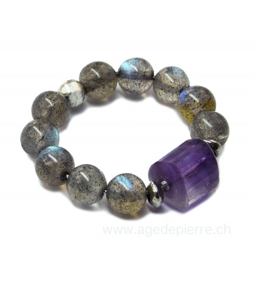 Bague billes en pierres de Labradorite et une améthyste facettée