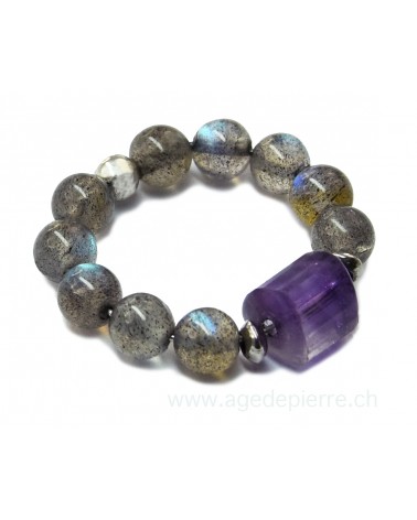 Bague billes en pierres de Labradorite et une améthyste facettée