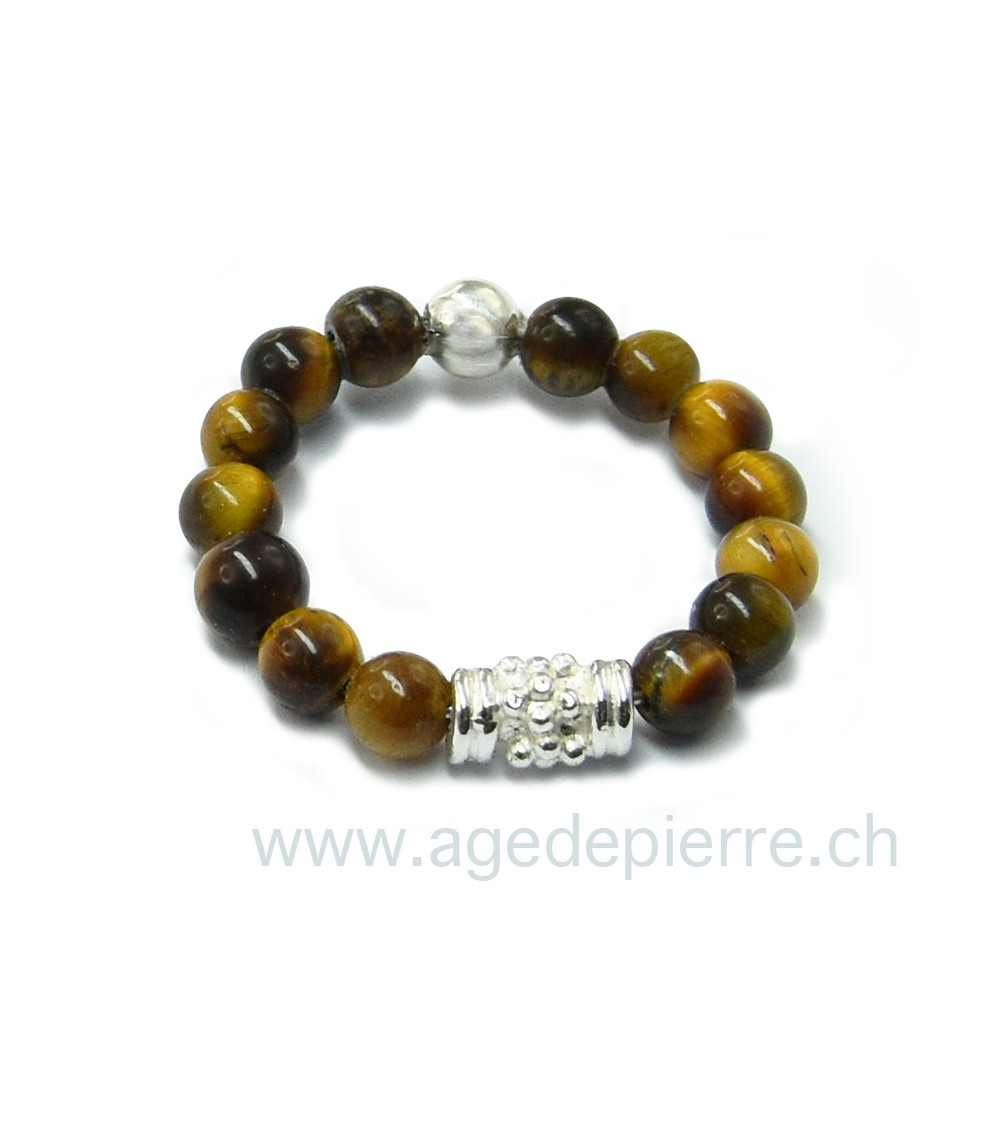 Bague billes en pierres d'Oeil de tigre et argent