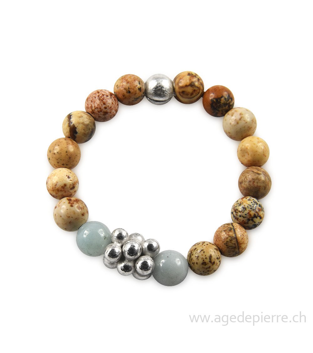 Bague billes collection d'été avec jaspe paysage et aigue-marine