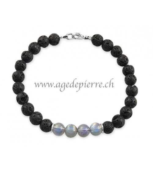 Bracelet en perles de lave et labradorite 6mm