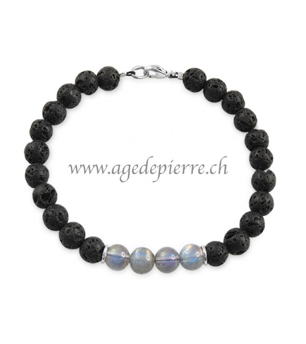 Bracelet en perles de lave et labradorite 6mm