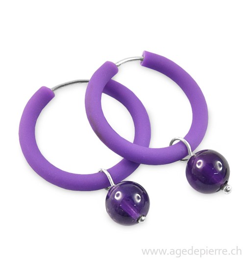 Boucle d'oreille arc-en-ciel en caoutchouc violet et améthyste boules