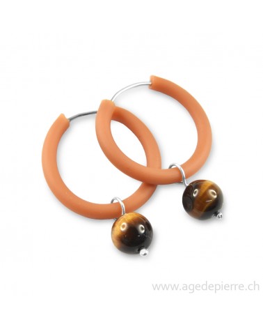Boucles d'oreilles arc-en-ciel en caoutchouc beige et oeil-de-tigre