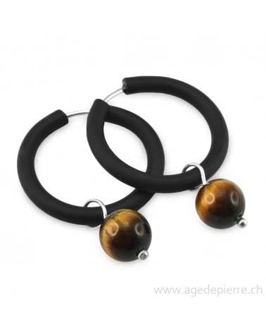 Boucles d'oreilles arc-en-ciel en caoutchouc noir et oeil de tigre