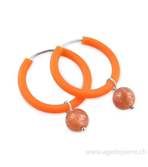 Boucles d'oreilles arc-en-ciel en caoutchouc orange et pierre de soleil