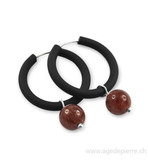 Boucle d'oreille arc-en-ciel en caoutchouc noir et aventurine rouge boules