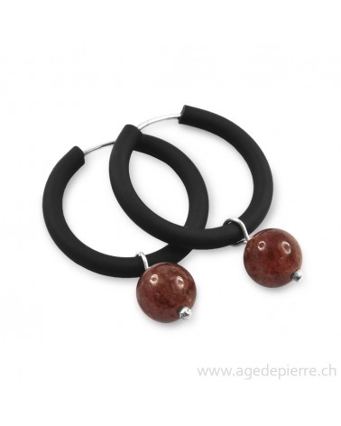 Boucles d'oreilles arc-en-ciel en caoutchouc noir et aventurine rouge