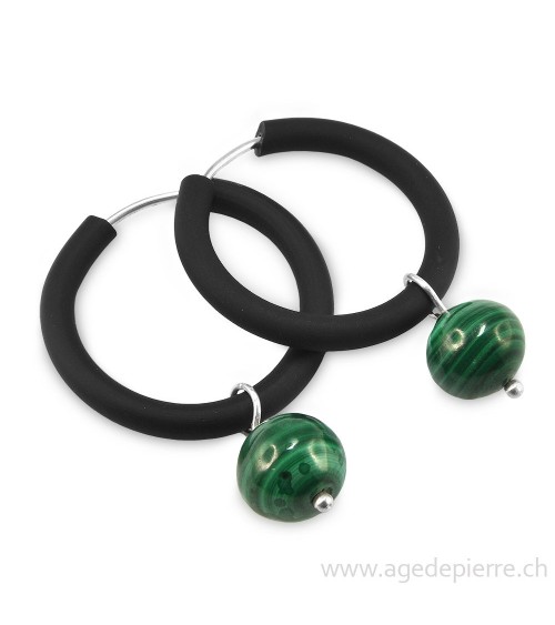 Boucle d'oreille arc-en-ciel en caoutchouc noir et malachite boules