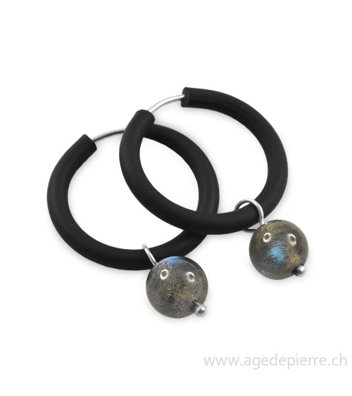 Boucle d'oreille arc-en-ciel en caoutchouc noir et labradorite boules