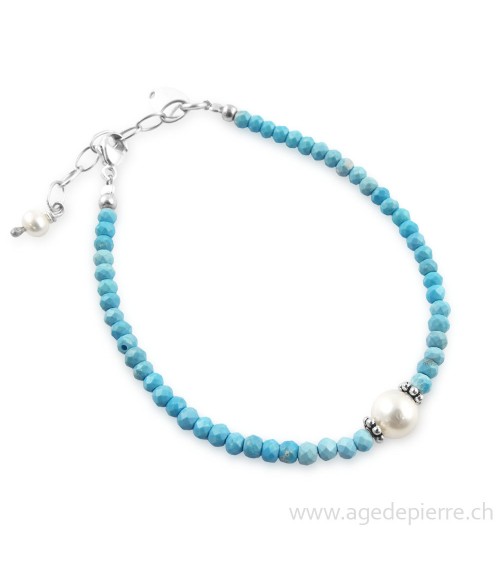 Bracelet turquoises facettées, perle avec fermoir et apprêt en argent avec perles de 3mm