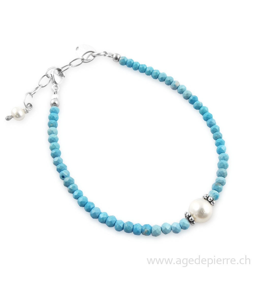 Bracelet turquoises facettées, perle avec fermoir et apprêt en argent avec perles de 3mm