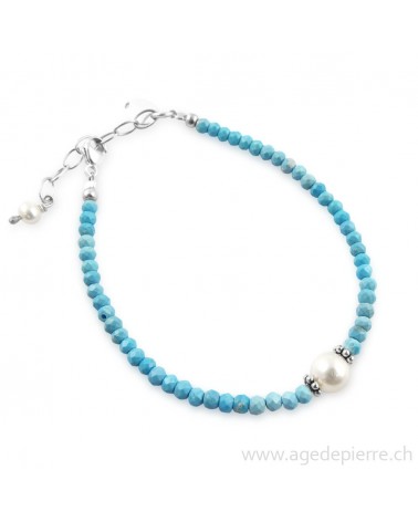 Bracelet turquoises facettées, perle avec fermoir et apprêt en argent avec perles de 3mm