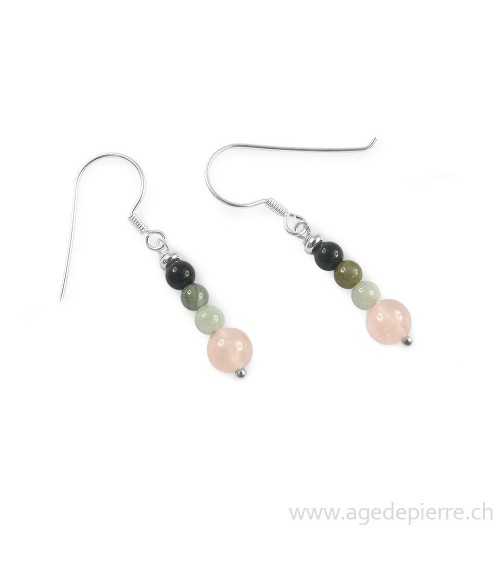 Boucles d'oreilles en quartz rose, jadéite, jaspe sanguin