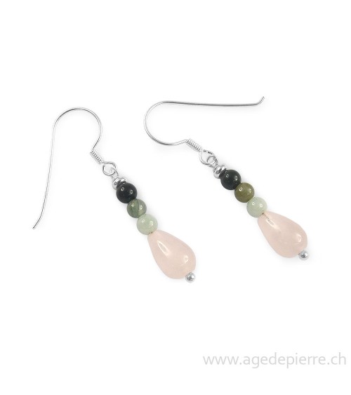Boucles d'oreilles en quartz rose, jadéite et jaspe sanguin l'Âge de pierre Vevey