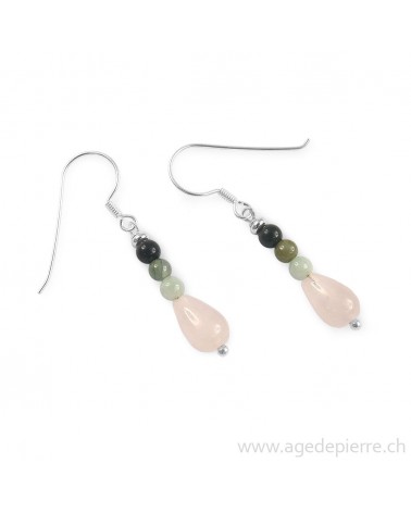 Boucles d'oreilles en quartz rose, jadéite et jaspe sanguin l'Âge de pierre Vevey