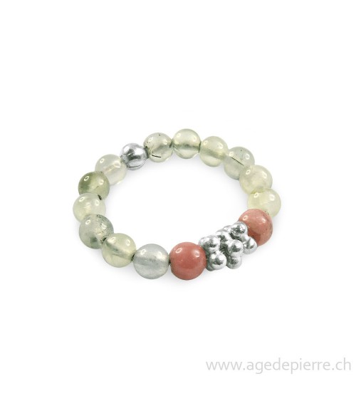 Bague billes en pierres du Préhnite  et Rodochrosite
