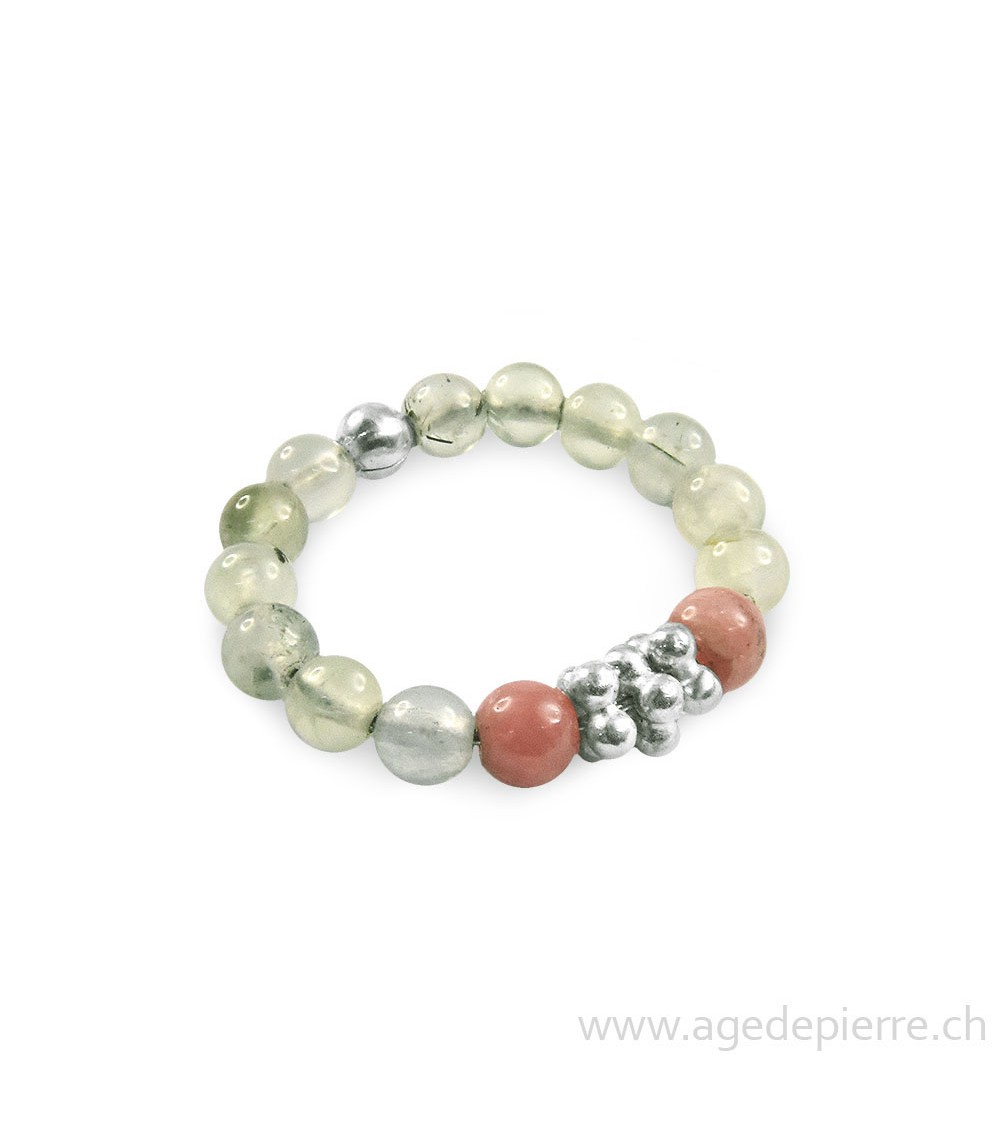 Bague billes en pierres du Préhnite  et Rodochrosite