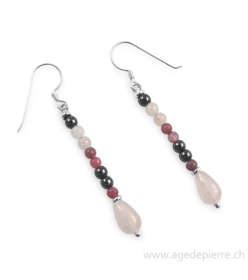 Boucles d'oreilles en quartz rose, hématite, tourmaline et béryl