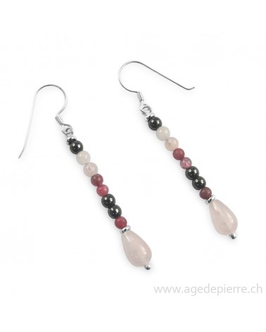 Boucles d'oreilles en quartz rose, hématite, tourmaline et béryl