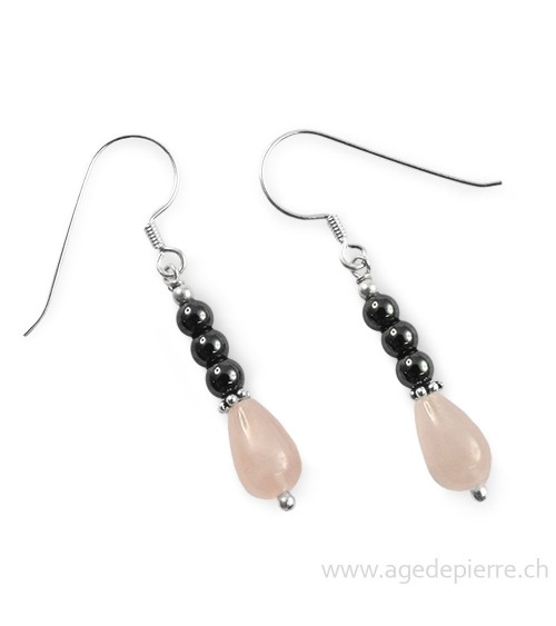 Boucles d'oreilles en quartz rose et hématite l'Âge de pierre Vevey