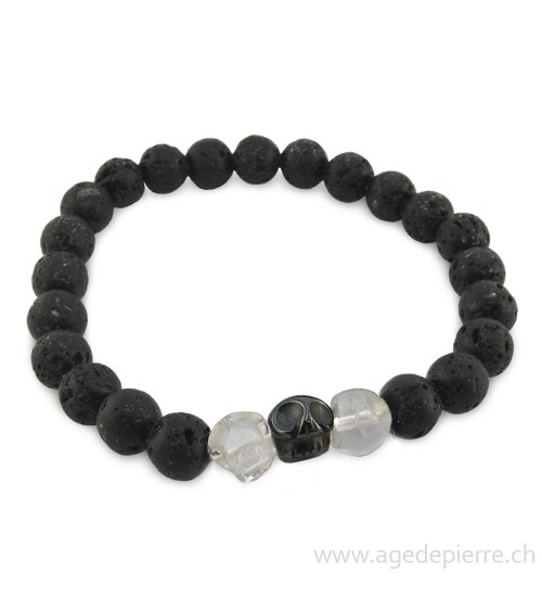 Bracelet lave crâne en cristal de roche et hématite avec perles de 8mm