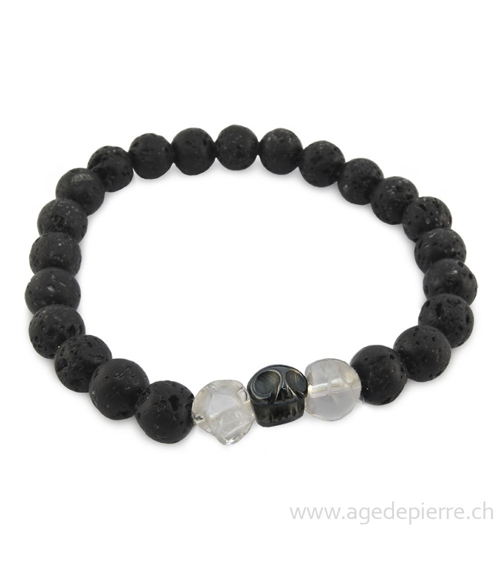Bracelet lave crâne en cristal de roche et hématite avec perles de 8mm