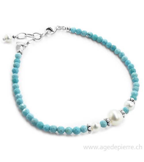 Bracelet avec turquoise facettée, perle de culture d'eau douce et argent avec perles de 3mm