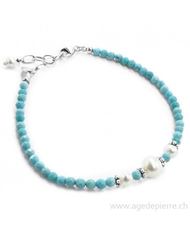 Bracelet avec turquoise facettée, perle de culture d'eau douce et argent avec perles de 3mm