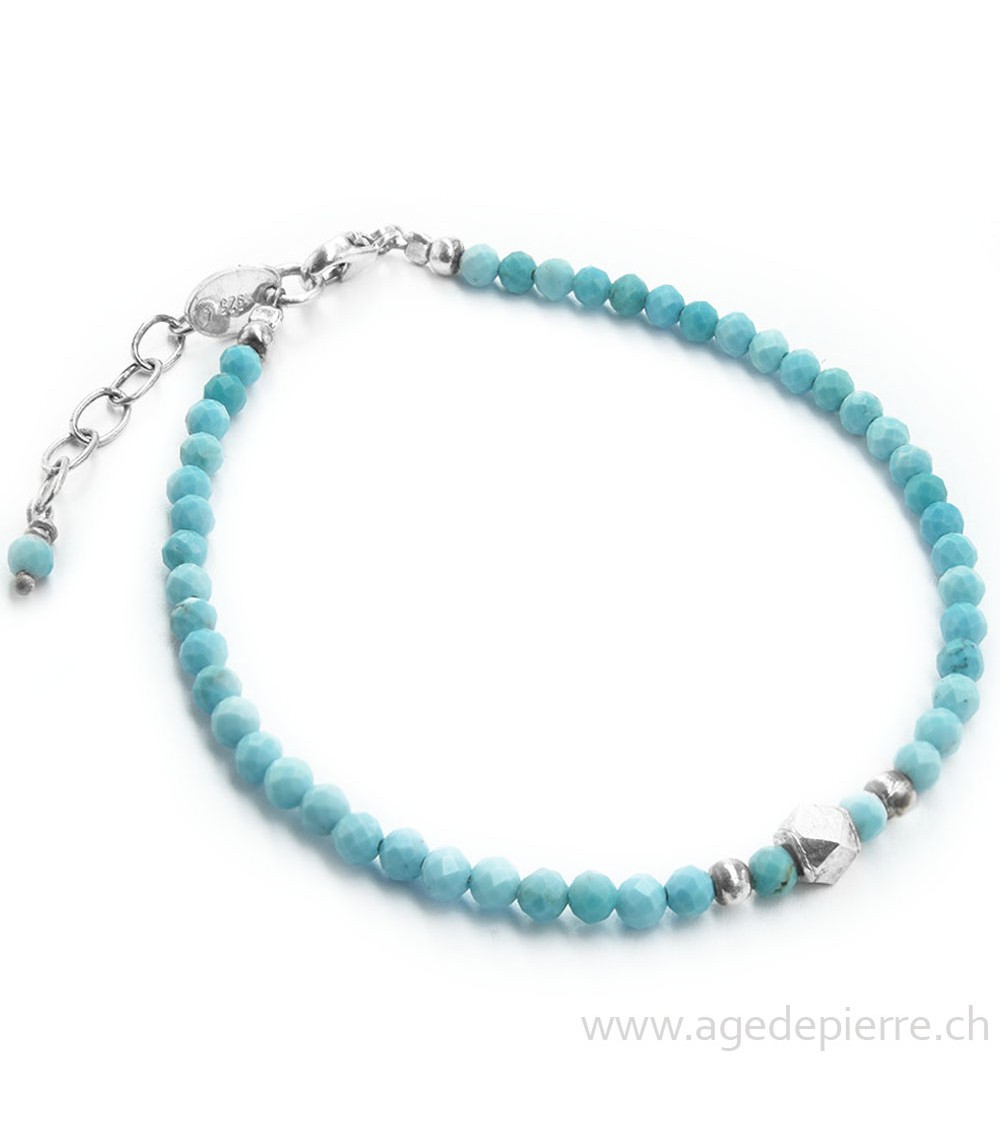 Bracelet avec turquoise facettée et argent avec perles de 3mm