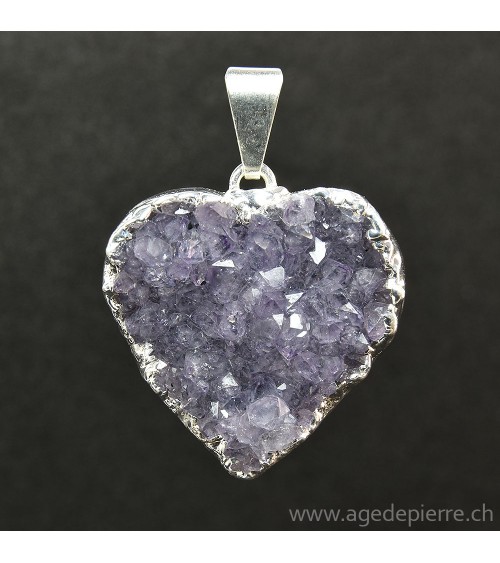 Améthyste cristallisée pendentif coeur argenté
