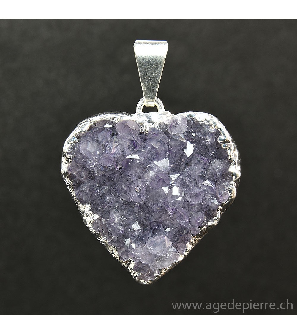 Améthyste cristallisée pendentif coeur argenté