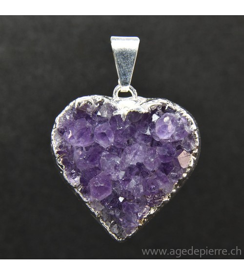 Améthyste cristallisée pendentif coeur argenté