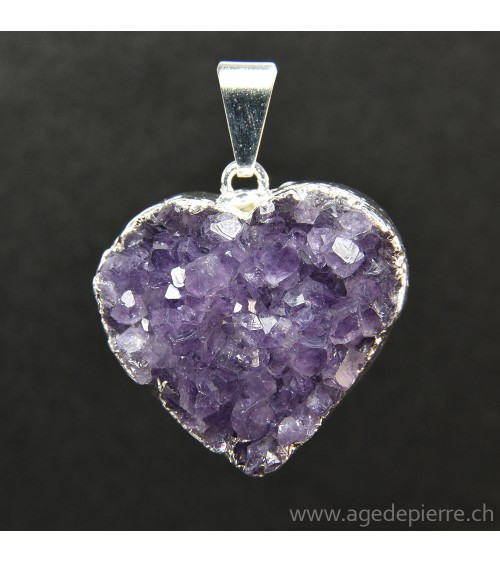 Améthyste cristallisée pendentif coeur argenté