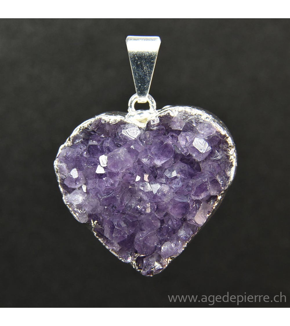 Améthyste cristallisée pendentif coeur argenté