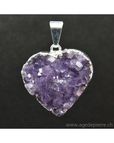 Améthyste cristallisée pendentif coeur argenté