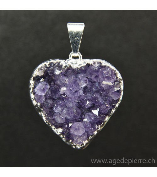 Améthyste cristallisée pendentif coeur argenté
