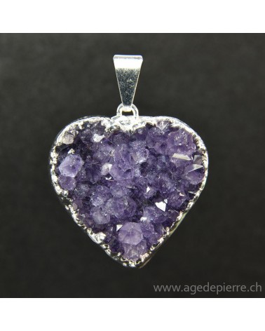 Améthyste cristallisée pendentif coeur argenté