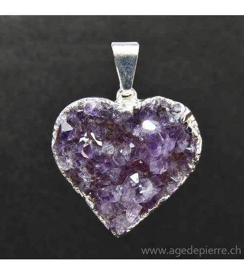 Améthyste cristallisée pendentif coeur argenté