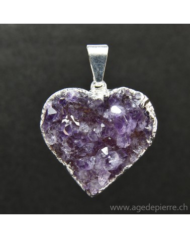 Améthyste cristallisée pendentif coeur argenté