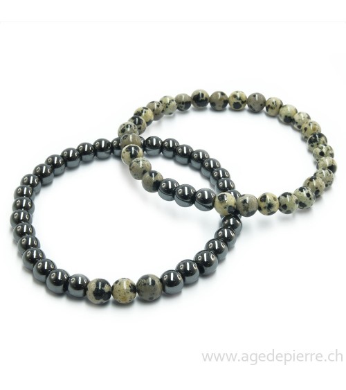 Bracelet "yin yang" avec perles d'hématite et de jaspe dalmatien de 6mm