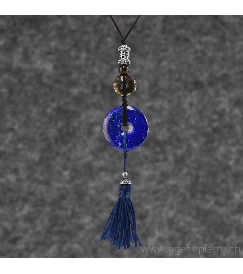 Pendentif donut lapis lazuli, pyrite, pompon et apprêts en argent 925