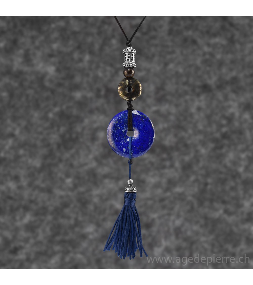 Pendentif donut lapis lazuli, pyrite, pompon et apprêts en argent 925