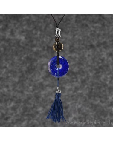 Pendentif donut lapis lazuli, pyrite, pompon et apprêts en argent 925